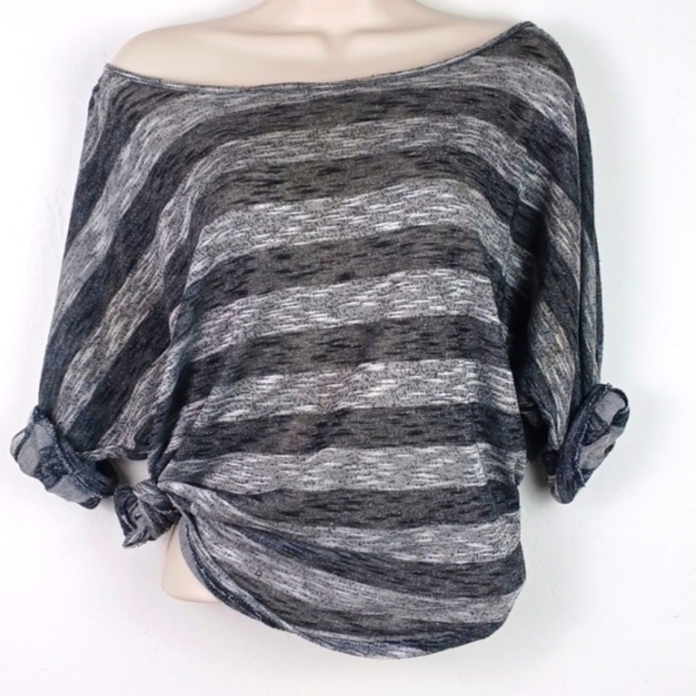 ALEX & JANE Heathered Black & Gray Striped Cool Casual Top SZ L